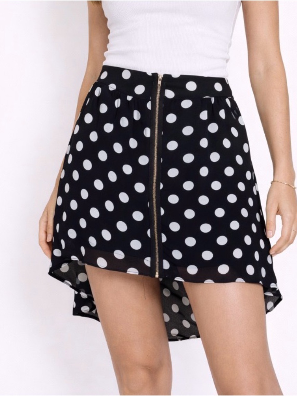 D-signed Disney high low black & white polka dot light weight skirt SZ L zip up
